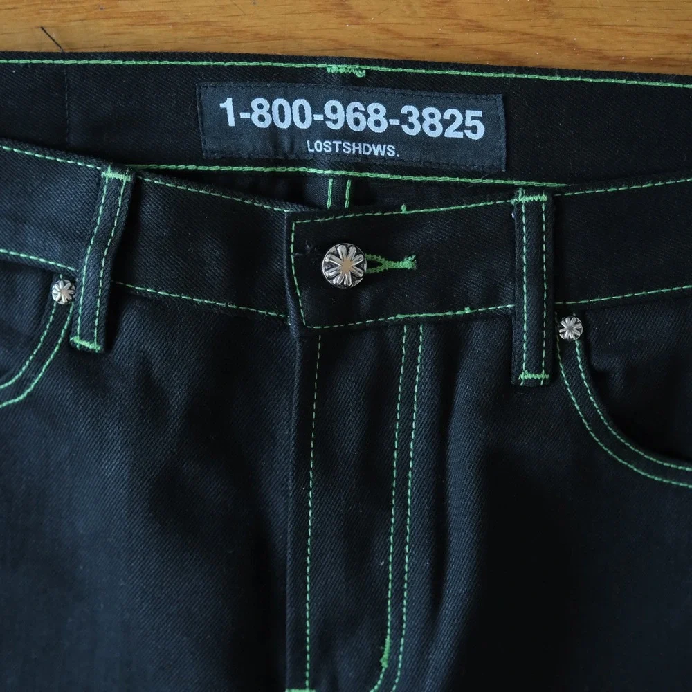 Lost SHDWS Green Outline Denim Jeans Mens Black Floral Streetwear 36 Straight